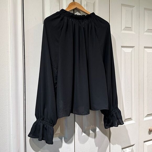 NWT Madewell Black Semi-Sheer Long Sleeve Tie Neck Ruffled Cuff Chiffon Blouse - Picture 7 of 12